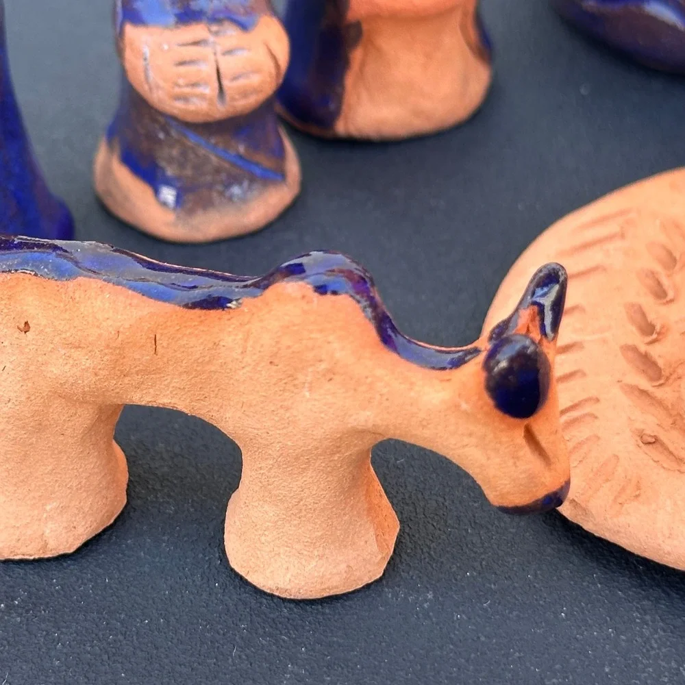 Blue Glaze Terrracota Mexican Nativity Set Folk Art Hand Painted Pottery 11 Pcs